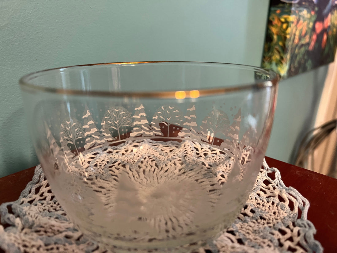Libbey frosted glass bowl with gold rim