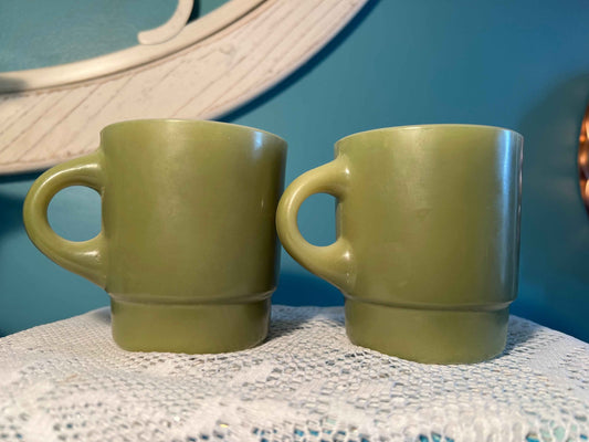 Anchor Hocking Avocado Green Coffee Mugs | Pair | Vintage Oven-Proof D-Handle