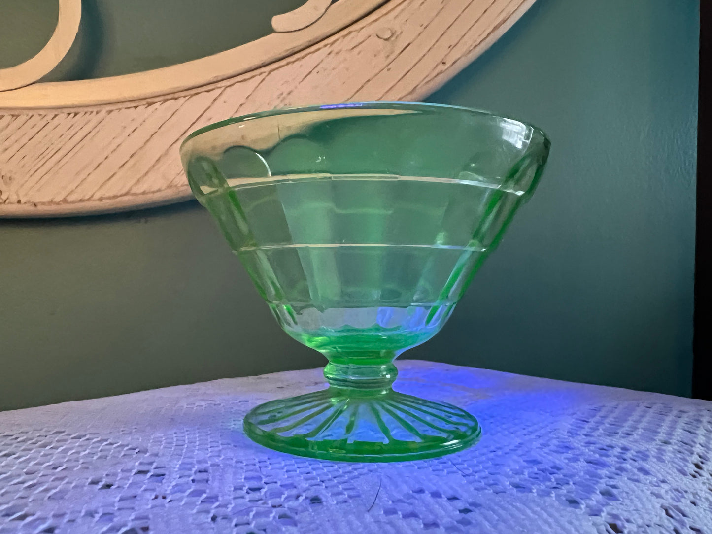 Anchor Hocking Block Optic Green Champagne Sherbet | Uranium Glass | Tall Sherbet Stemware