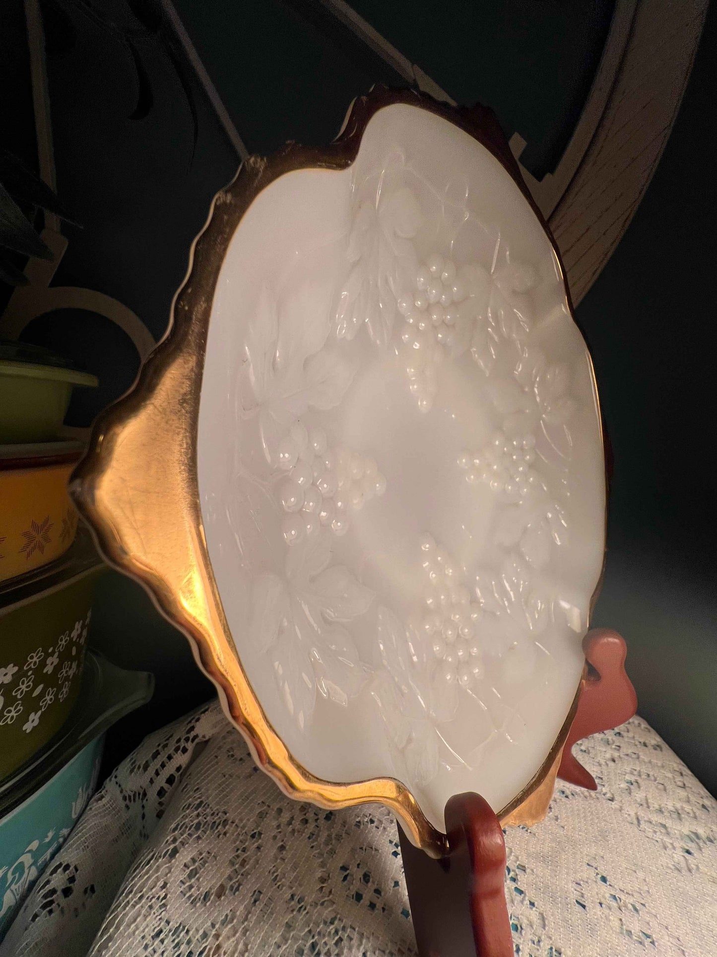 Vintage Anchor Hocking Milk Glass Footed Fruit Bowl – 1950s Grape Harvest Pattern with Gold Trim