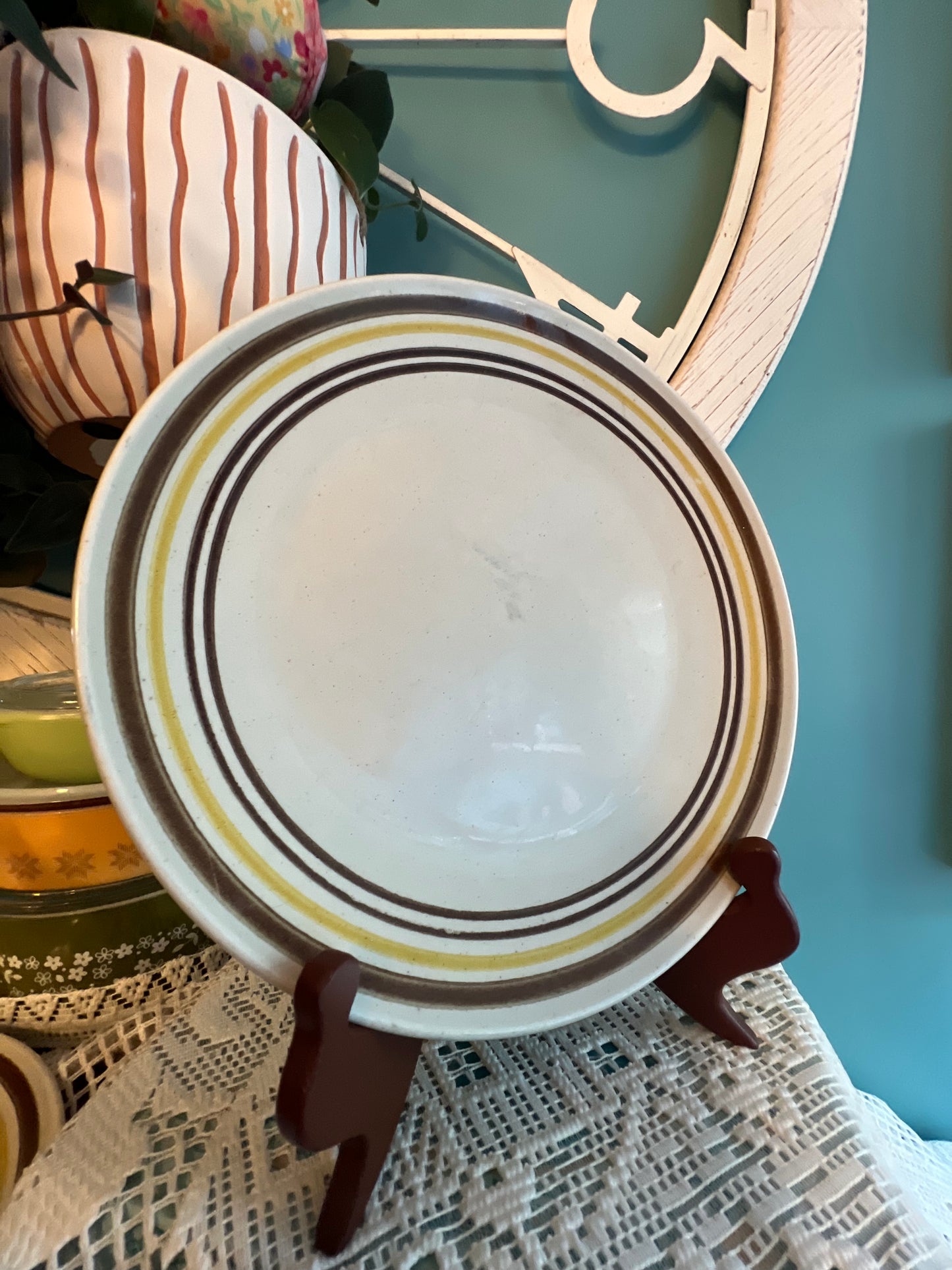 1970s yellow and brown striped ironstone plate for display or use