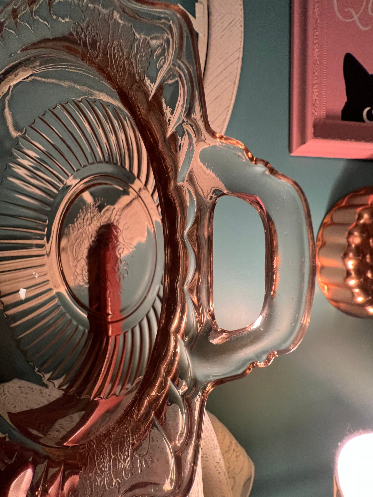 Antique embossed floral pink Depression glass serving dish by Anchor Hocking