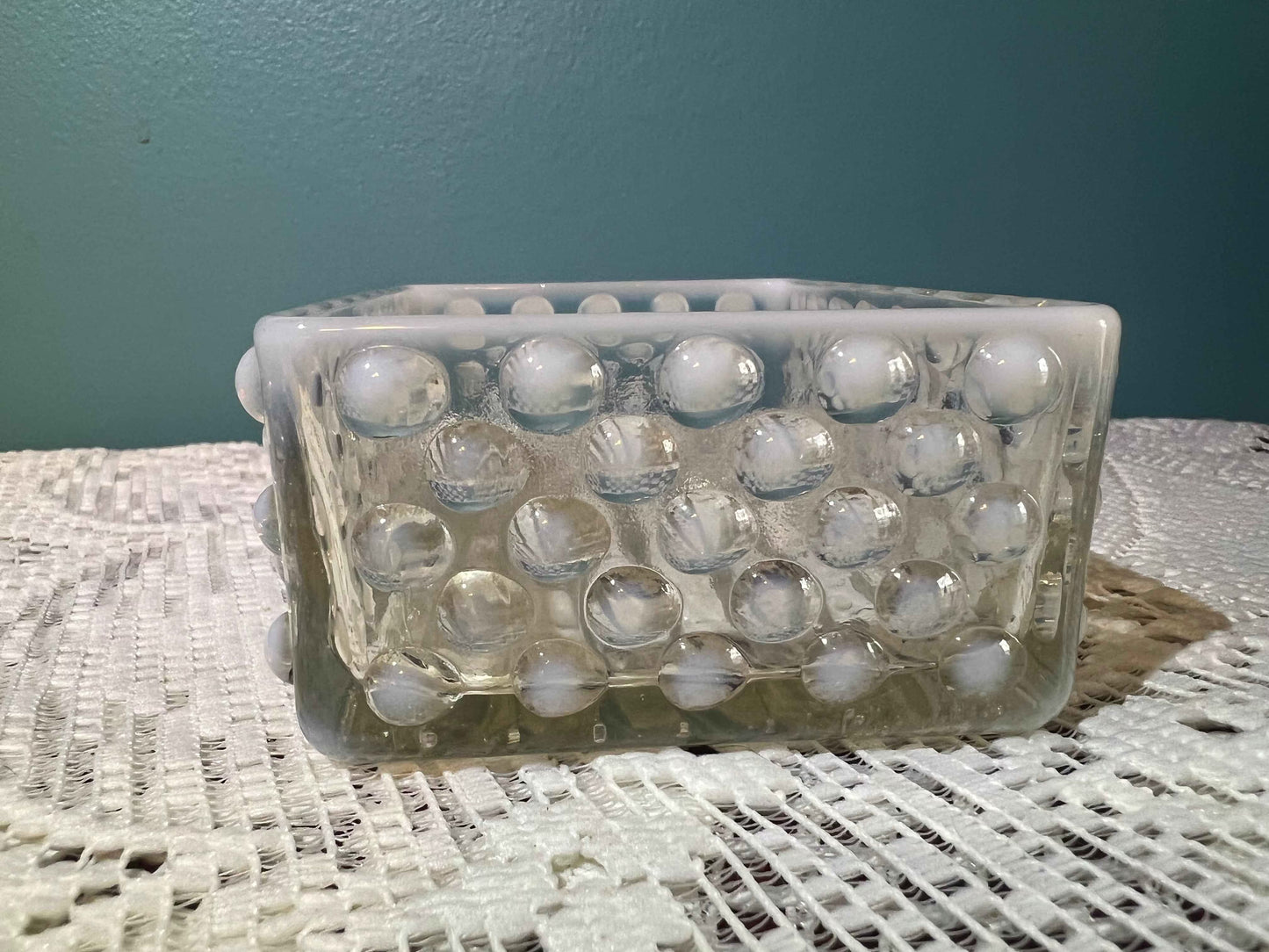 Vintage Anchor Hocking Moonstone Opalescent Glass Lidded Trinket Box | Hobnail