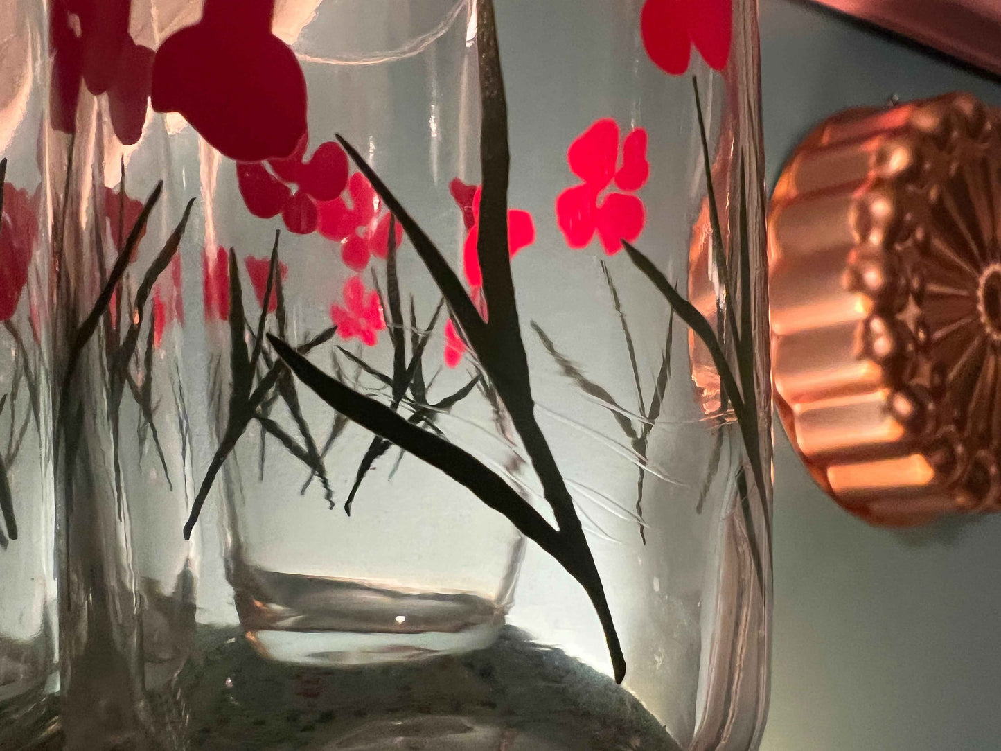 Vintage Anchor Hocking Red Poppy Tumblers – Mid-Century Floral Glasses, Set of 6 (1950s–1970s)