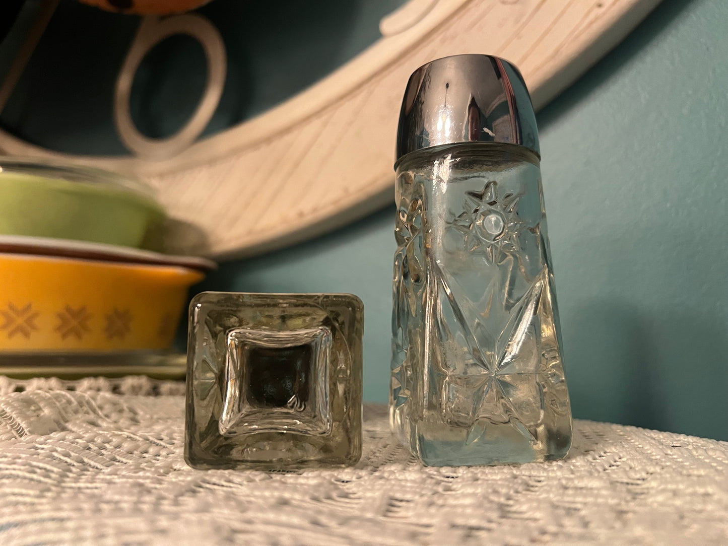 Anchor Hocking clear glass shakers with decorative star pattern