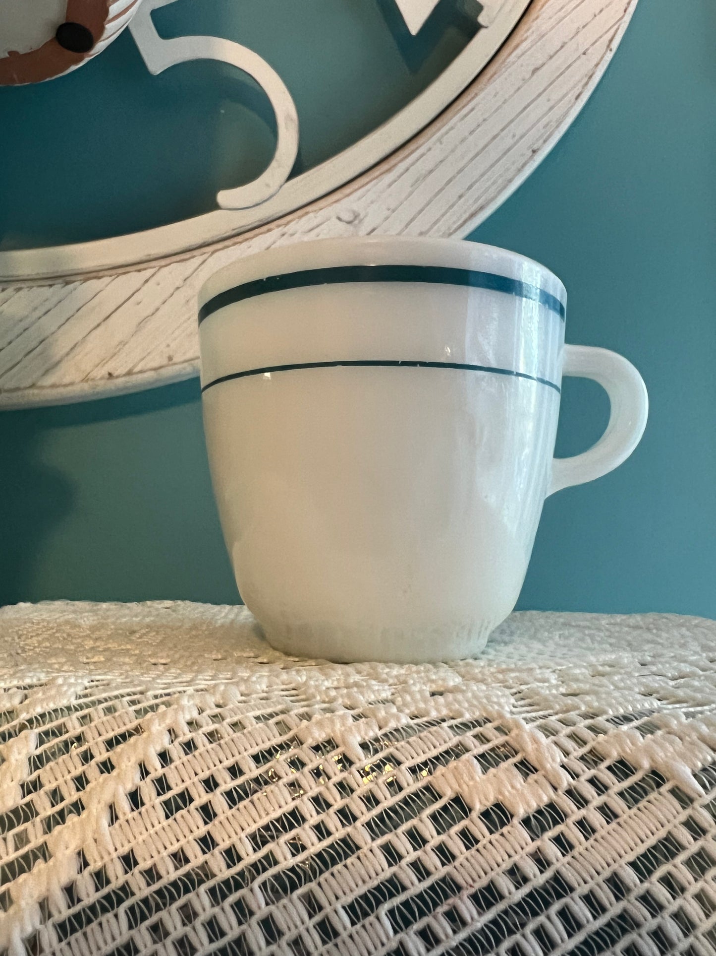Vintage milk glass mug with teal stripes
