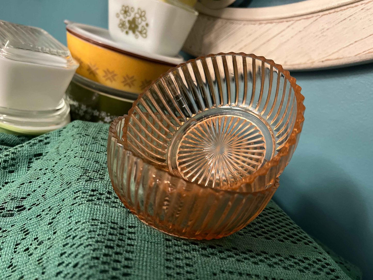 Anchor Hocking Queen Mary Pink Depression Glass Ribbed Sunburst Bowls – Pair of Small Dessert Bowls