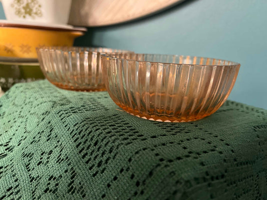 Anchor Hocking Queen Mary Pink Depression Glass Ribbed Sunburst Bowls – Pair of Small Dessert Bowls