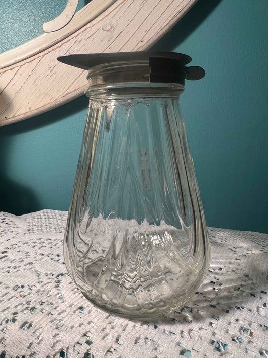 Vintage Art Deco Glass Syrup Pitcher | Ribbed Pear-Shaped Jar | Metal Top
