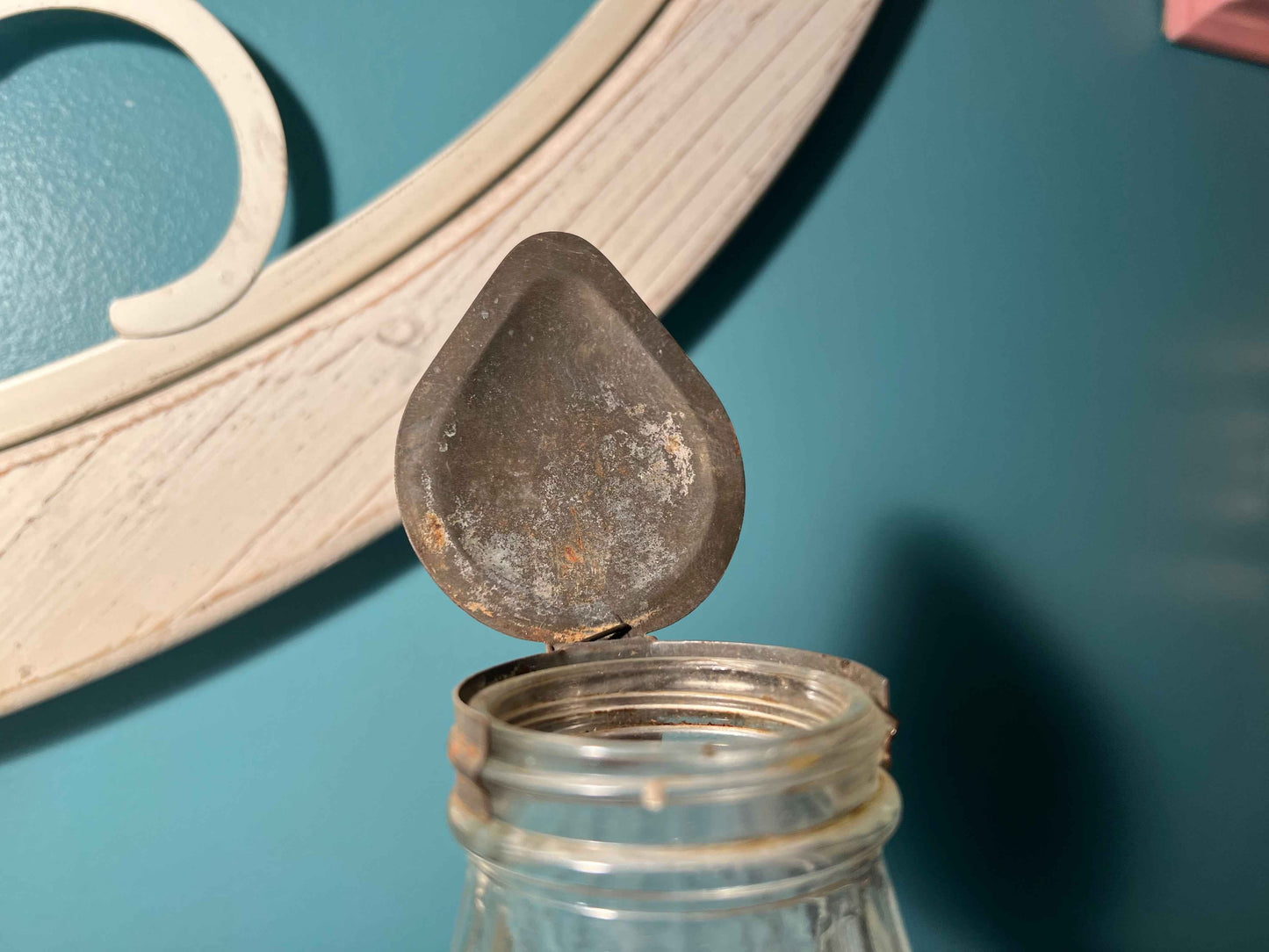 Vintage Art Deco Glass Syrup Pitcher | Ribbed Pear-Shaped Jar | Metal Top