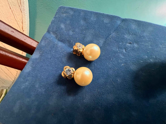 Vintage Avon President’s Club Pearlesque Faux Pearl & Rhinestone Clip-On Earrings – Marked AVON