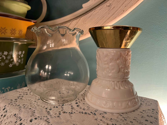 Vintage Avon White Milk Glass Perfume Bottle & Hurricane Lamp – Fairy Light Tealight Holder