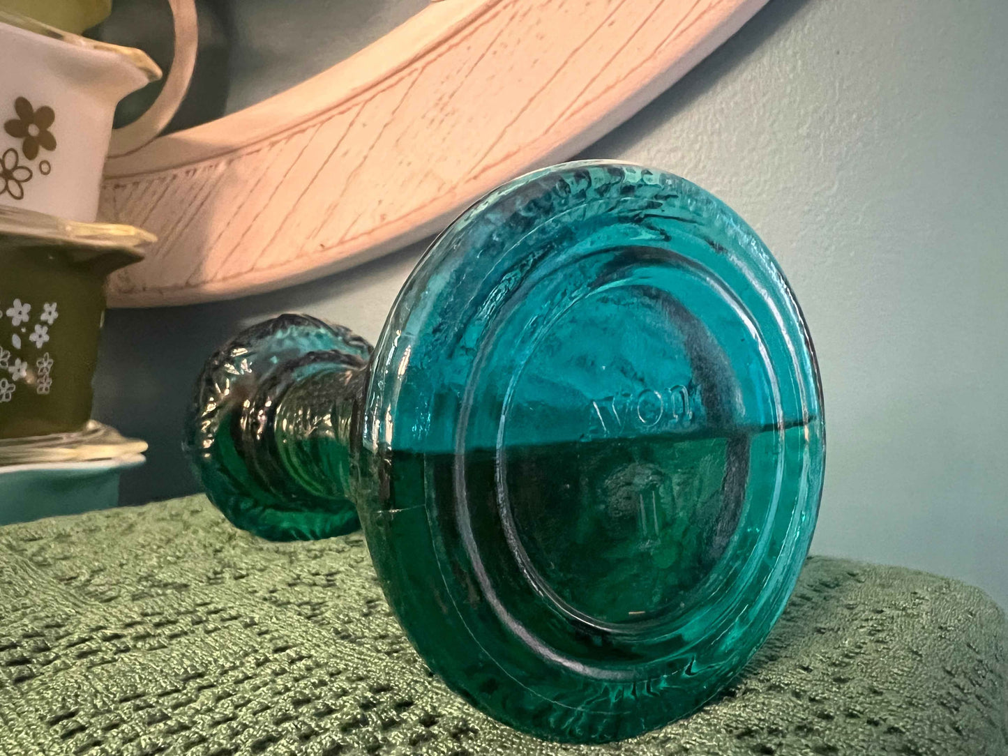 Vintage Avon Turquoise Blue Moonwind Cologne | Collectible Perfume Bottle | Chip in Lid