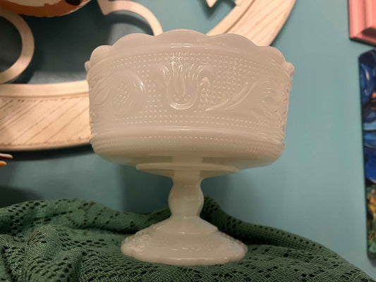 Vintage E.O. Brody Milk Glass Compote – Footed Fruit Bowl & Wedding Centerpiece