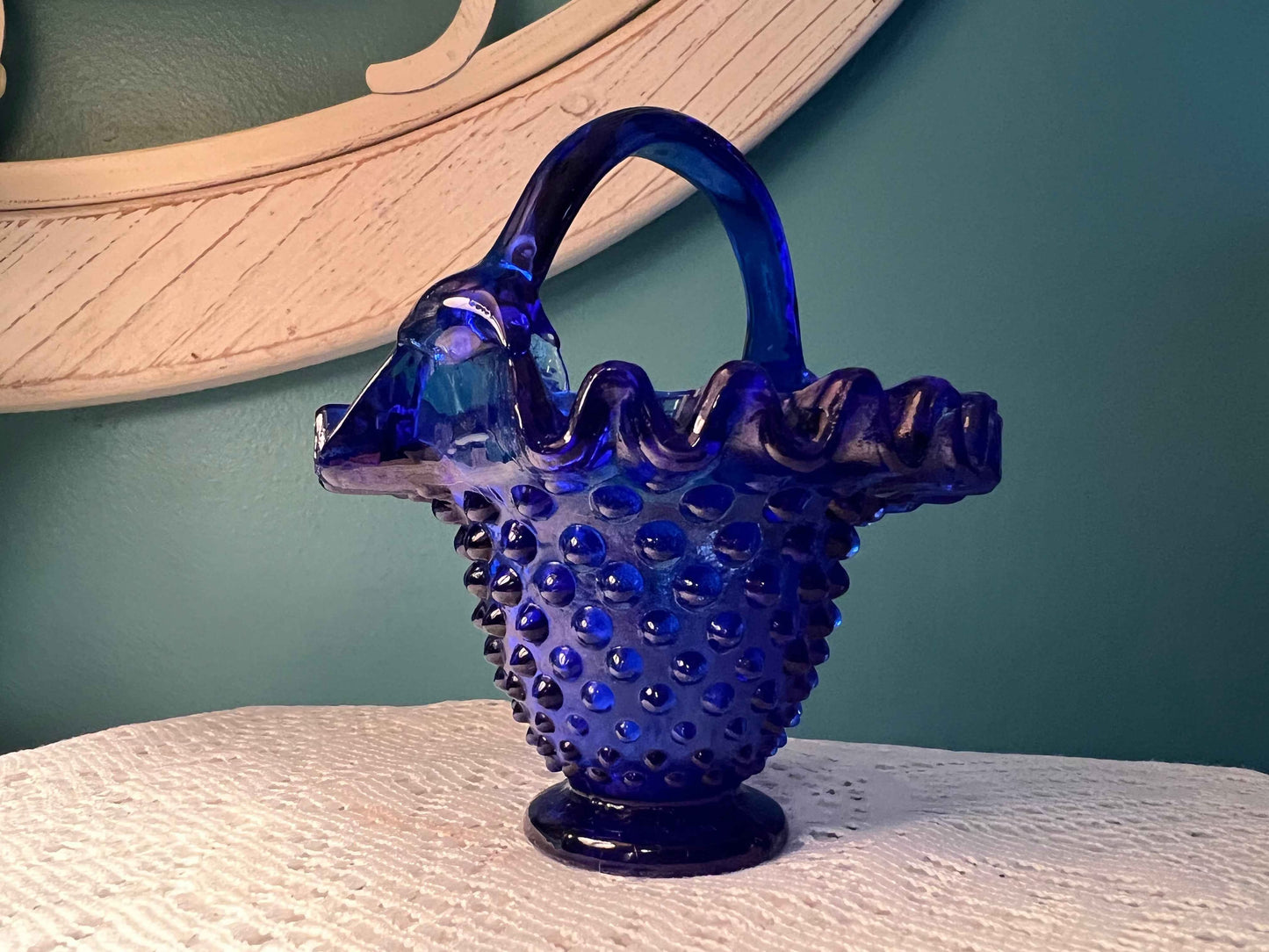 Vintage Cobalt Blue Glass Hobnail Basket | Crimped Edge | Collectible Glassware