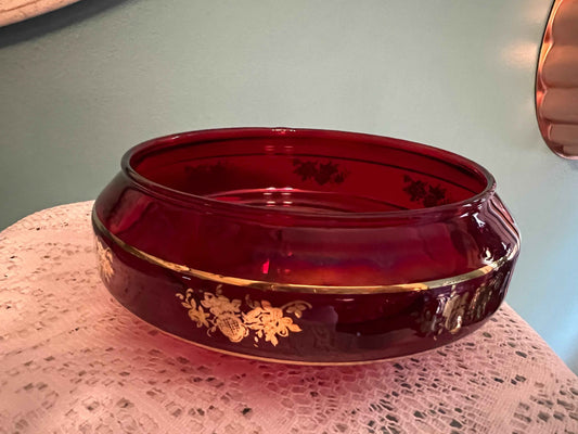 Vintage Ruby Red Candle Holder with Gold Floral Detail | 7" x 3" | Collectible Home Decor