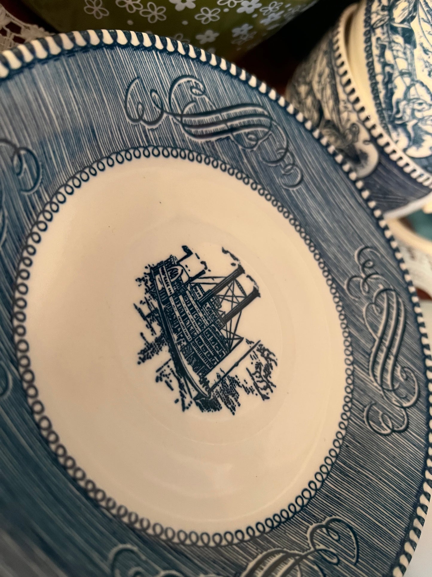 Blue and White Currier and Ives Plate