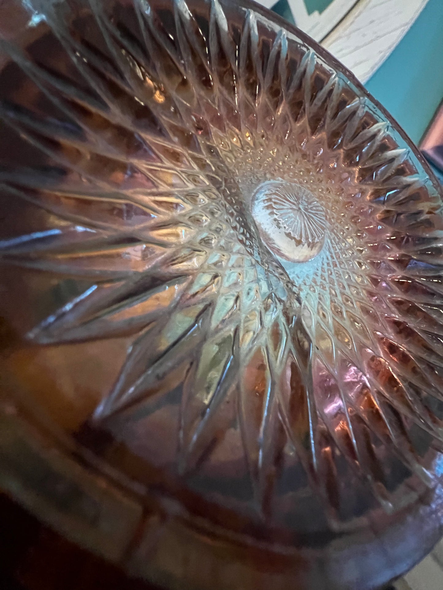Collectible Carnival Glass bowl with Diamond Lace pattern
