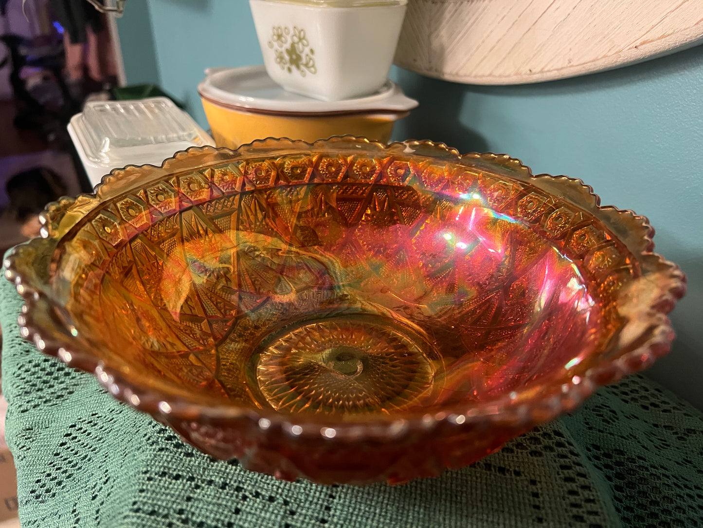 Imperial Diamond Lace Marigold Carnival Glass Master Berry Bowl β 8 1/2" Vintage Collectible
