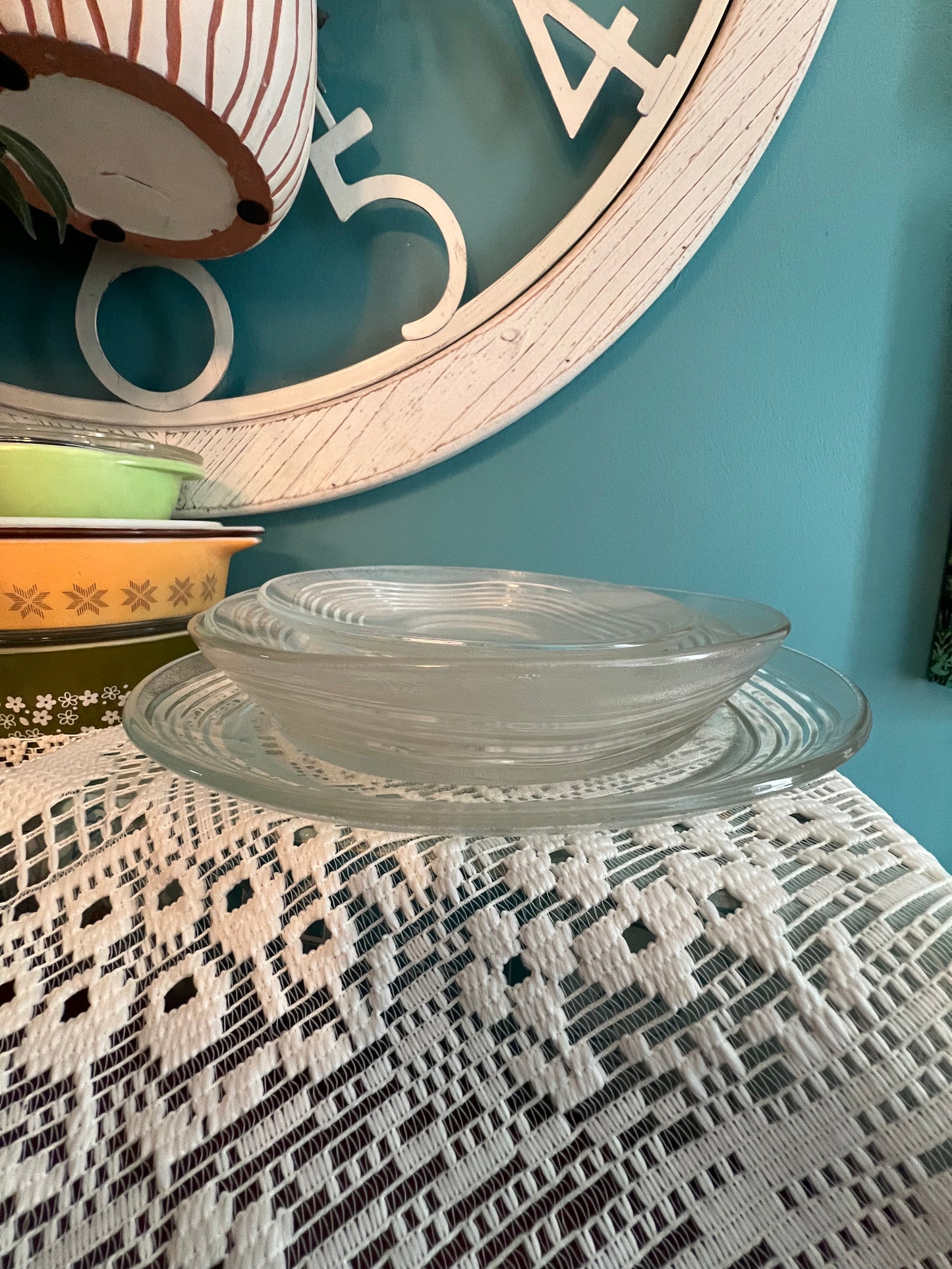 Complete Duralex glass dinnerware set with plates, bowl, mug, and saucer