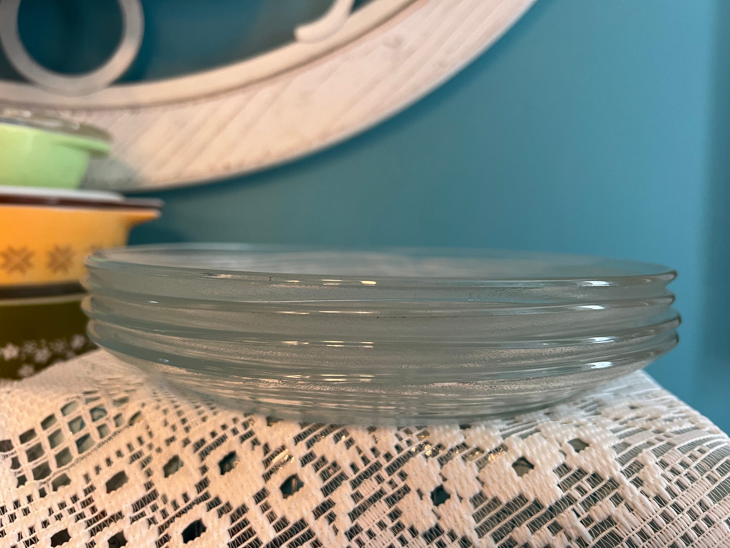 Complete Duralex glass dinnerware set with plates, bowl, mug, and saucer
