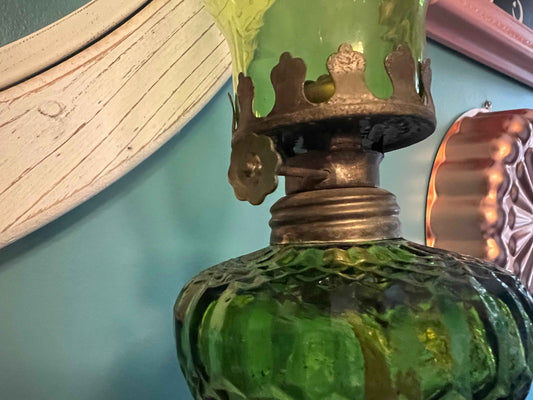 Vintage Oil Lamp - 8" | Emerald Green Depression Glass And Brass | Collectible Home Decor