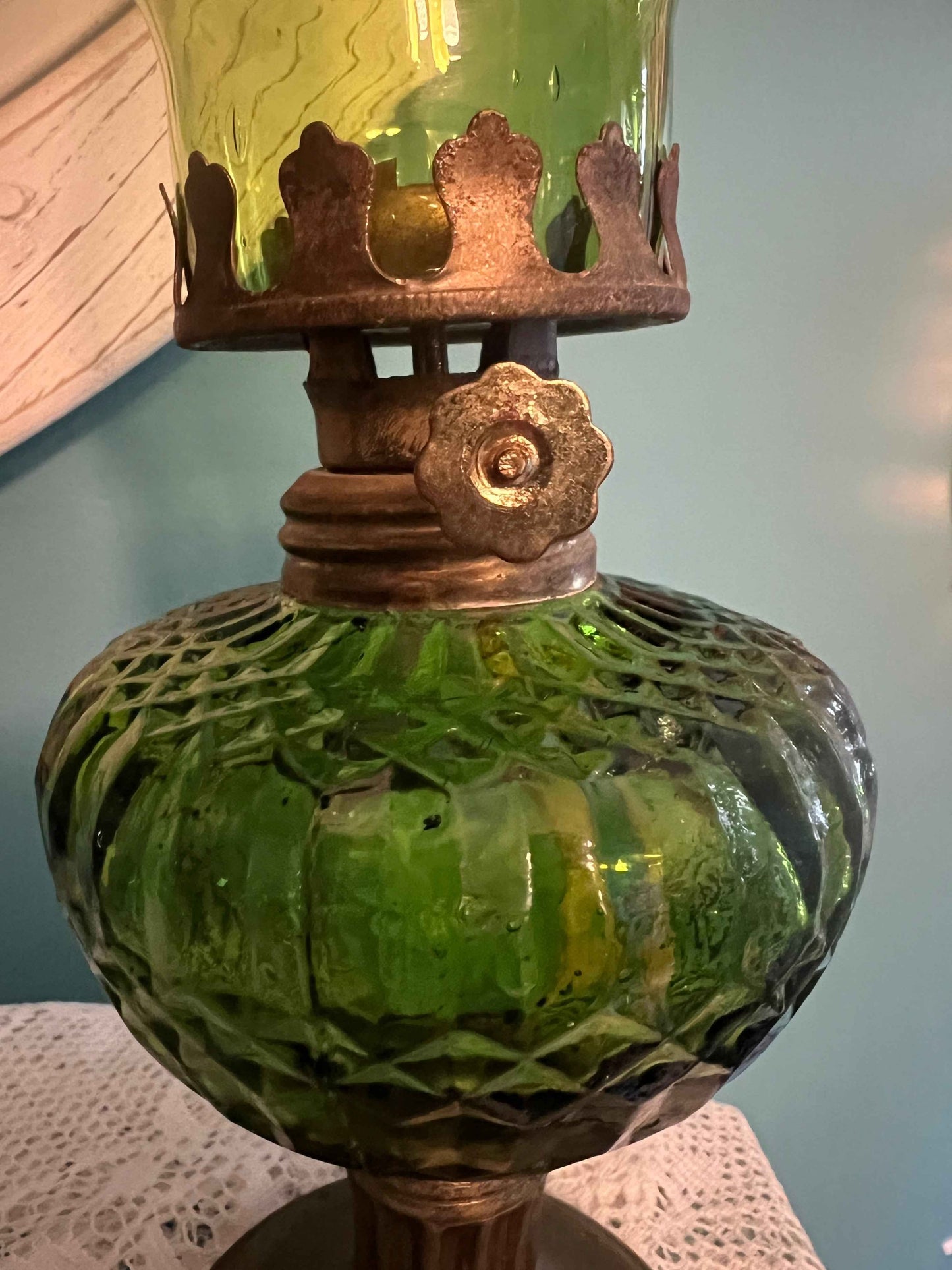 Vintage Oil Lamp - 8" | Emerald Green Depression Glass And Brass | Collectible Home Decor
