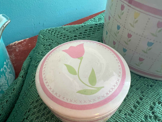 Vintage FTDA White Ceramic Pink Border Pastel Tulip Flowers Indoor Plant Bowl Spring Decor Plant Pot Made In Korea Bottom Marked