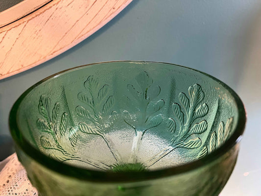 FTD Green Glass Compote Oak Leaf Candy Dish | 5.6" | Vintage Glassware