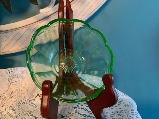 Vintage Federal Glass Uranium Scalloped Bowl | Green Depression Glass | 1930's Collectible Home Decor