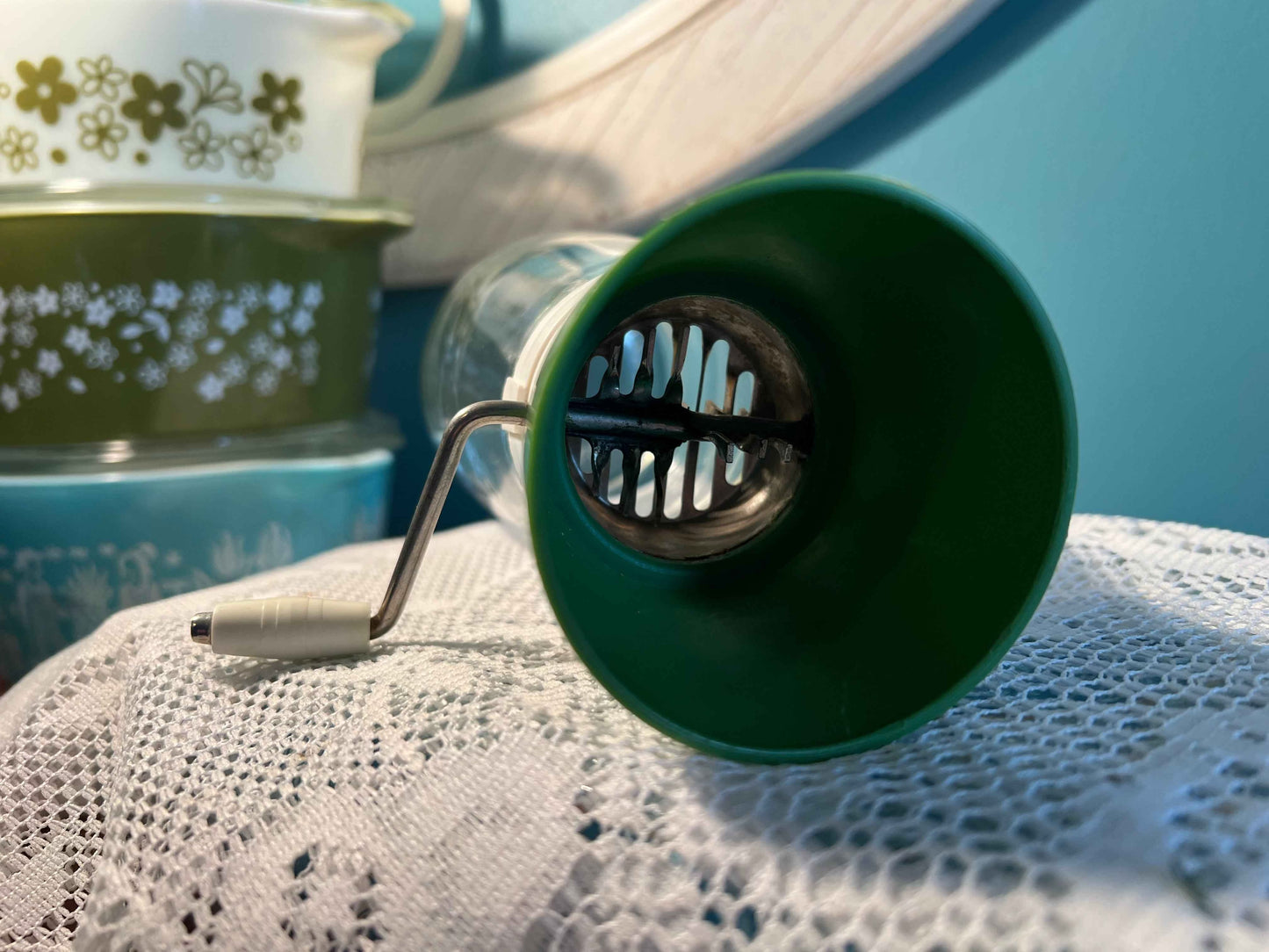 Vintage Federal Housewares Manual Nut Grinder | Green Top Glass Jar | Mid-Century Kitchenware