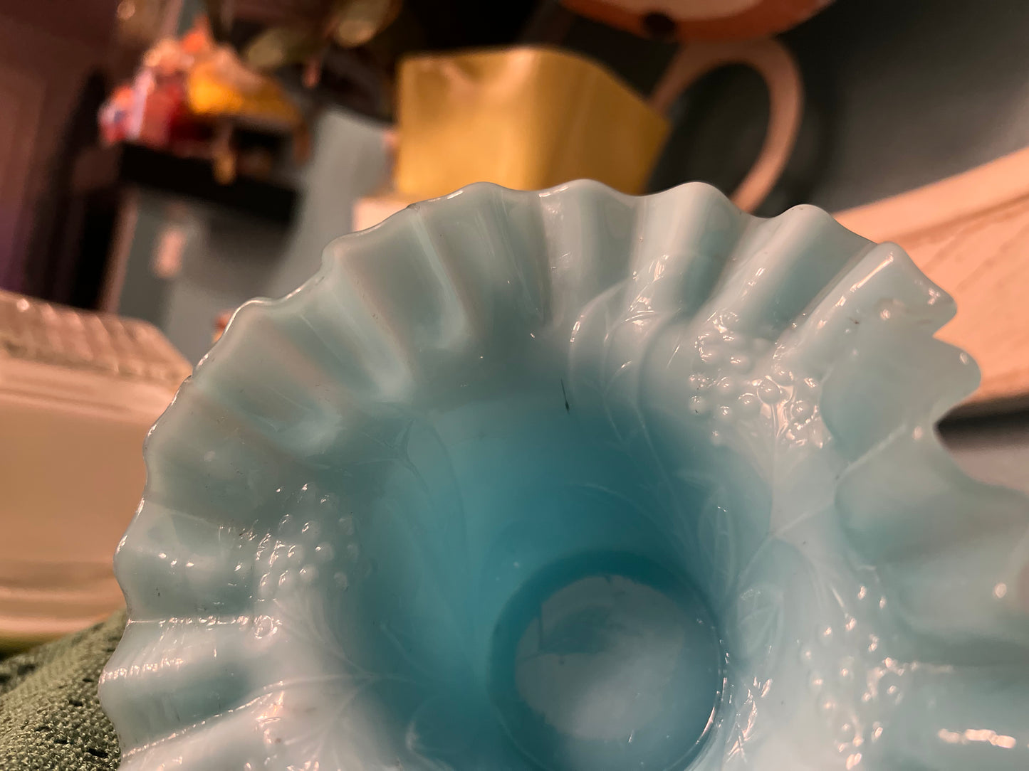 Vintage Fenton pale blue glass ruffled edge vase with raised interior pattern