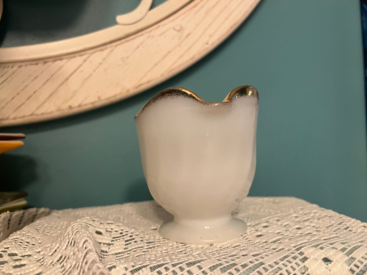 Vintage Fire King Anchor Hocking milk glass footed creamer Swirl Golden Anniversary