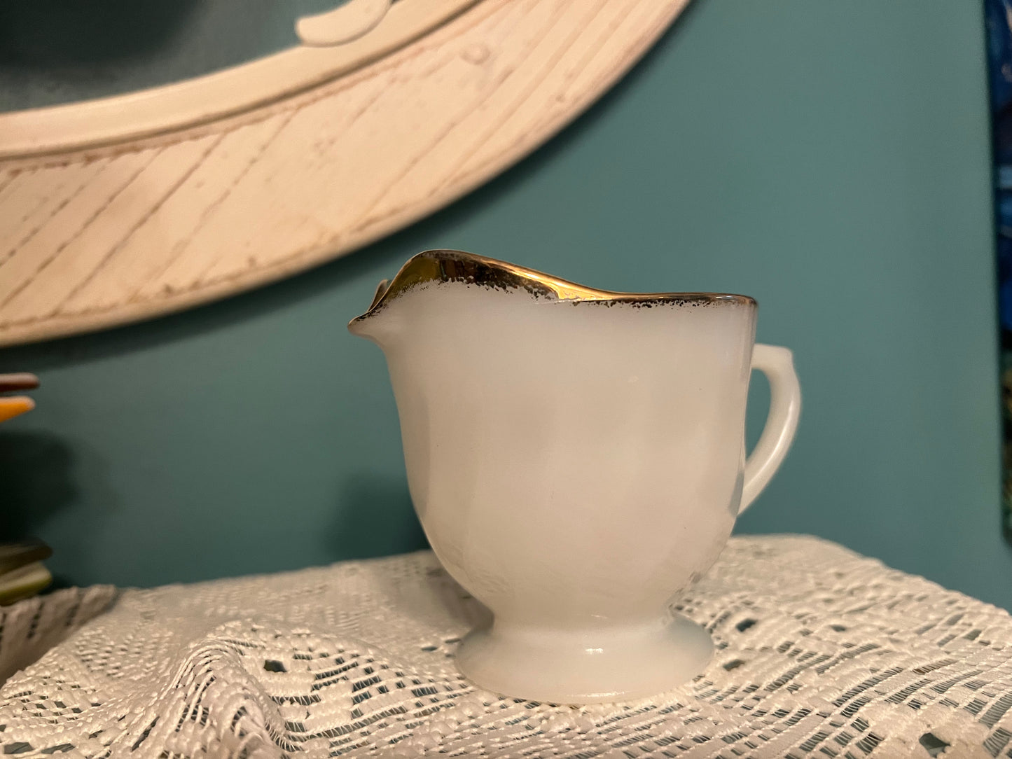 Mid-century Fire King milk glass creamer with gold trim