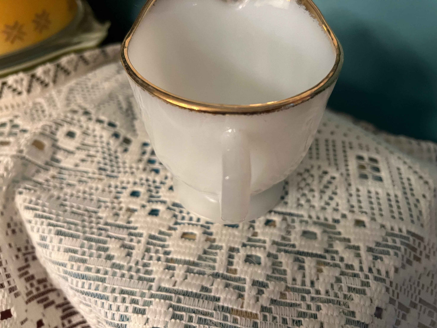 Vintage Fire King Anchor Hocking Milk Glass Footed Creamer – Swirl “Golden Anniversary” with Gold Trim