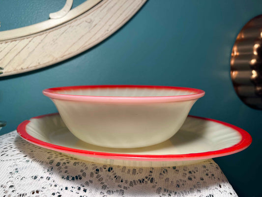 Vintage Fire-King Sunrise Swirl Vegetable Bowl & Serving Platter | Milk Glass Serveware