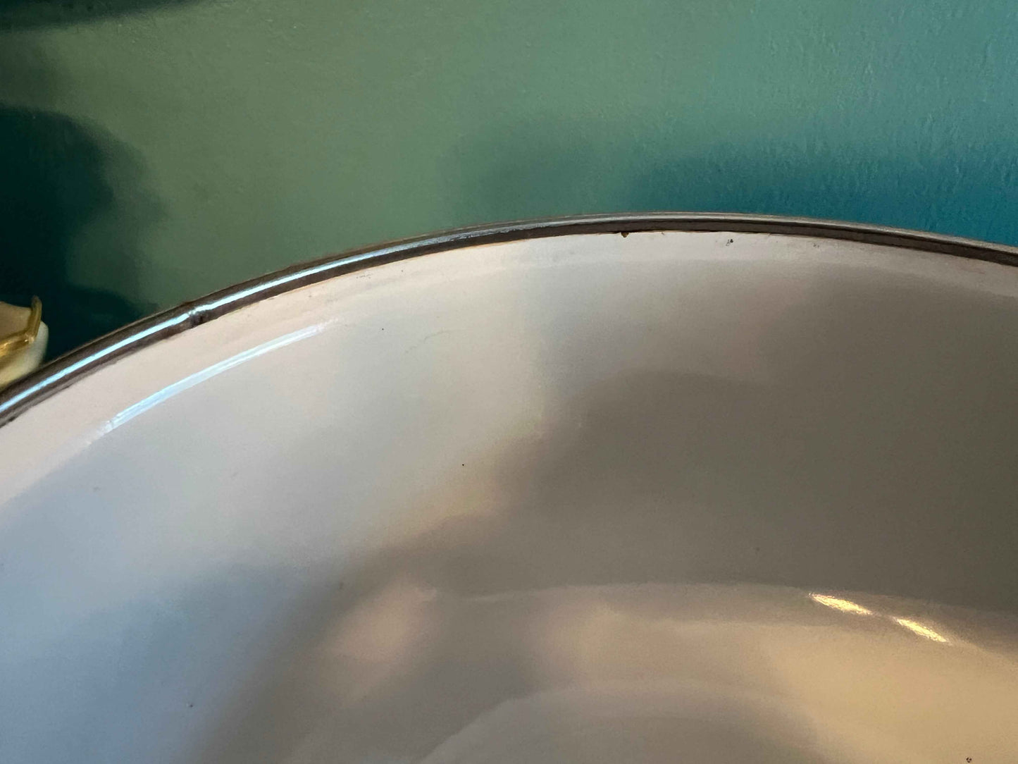 Vintage GMI Enamel Mixing Bowl – White Enamel with Pansy Floral Design, Metal Kitchen Bowl