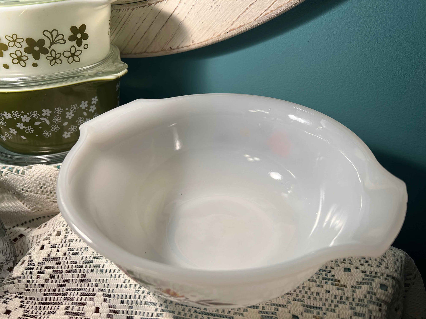 Vintage Glasbake Cinderella Mixing Bowl J-2355 | Red & Yellow Floral Milk Glass | Vintage Kitchenware