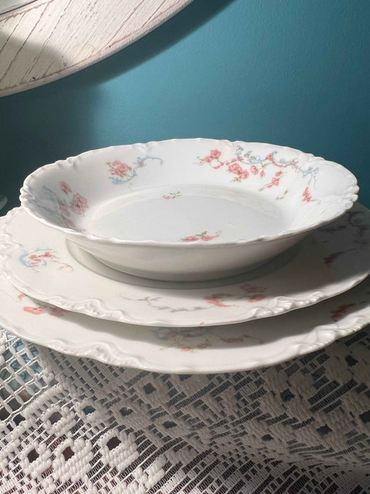 Haviland Limoges 63B Porcelain Dinner, Salad Plate & Soup Bowl Set | Pink Floral Blue Scrolls