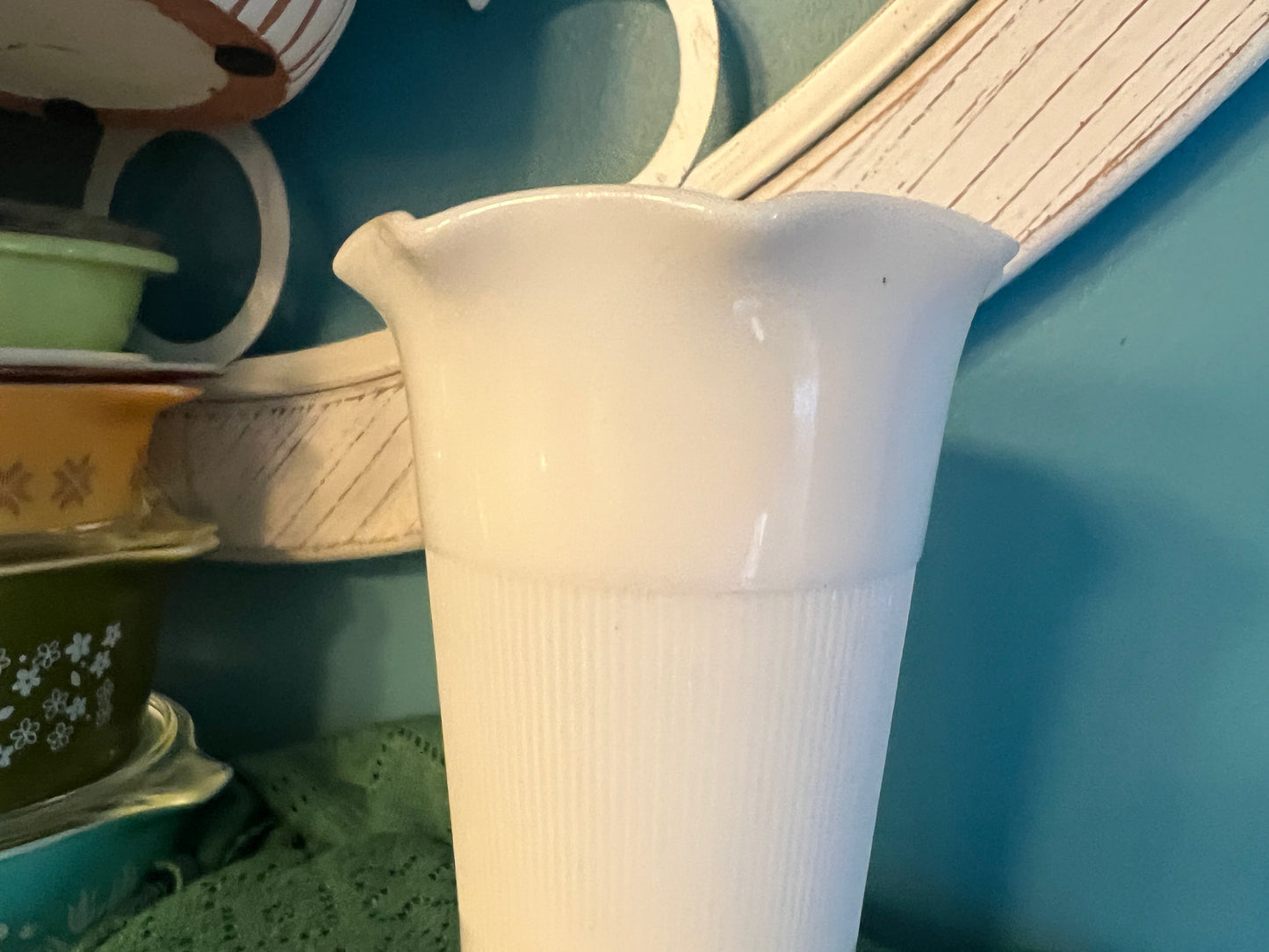 Vintage crimped edge milk glass decorative vase