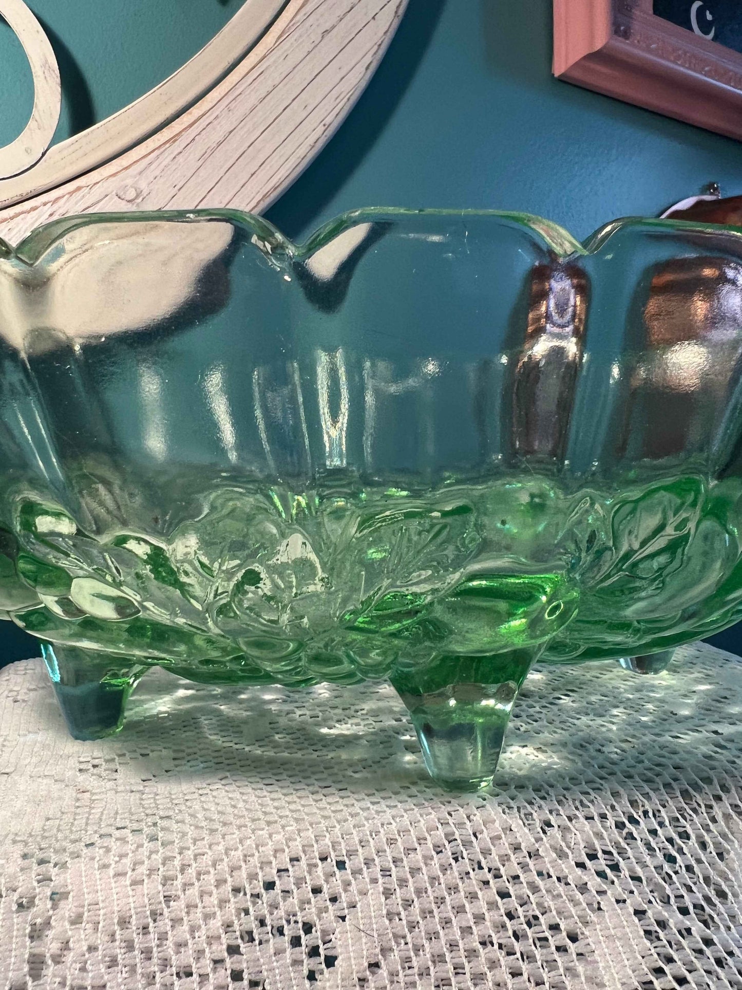 Vintage Indiana Glass Harvest Grape Footed Fruit Bowl | Green Pressed Glass | Not Uranium