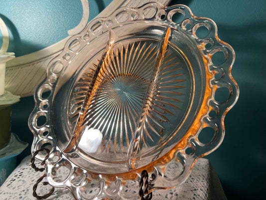 Vintage Anchor Hocking Old Colony Lace Edge Pink Depression Glass Divided Relish Dish | 3 Sections