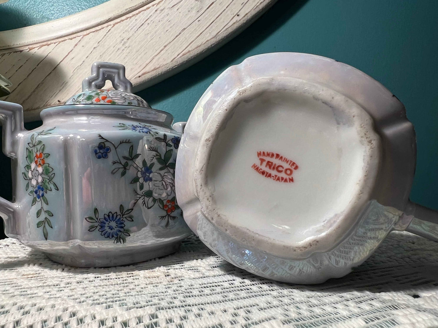 Trico Nagoya Hand-Painted Lusterware Sugar Bowl & Creamer Set | Vintage Japanese Dinnerware