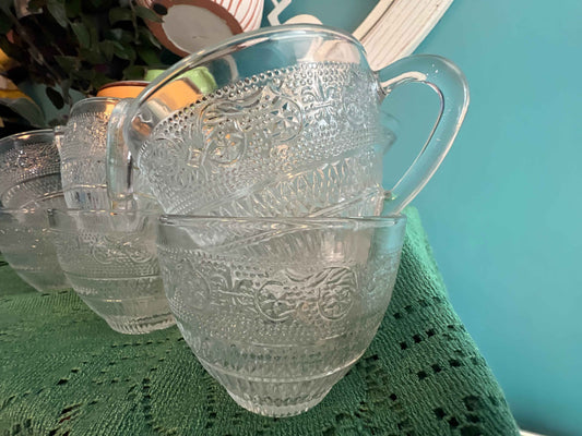 Vintage Imperial Cape Cod Pressed Pattern Salad Bowl with 6 Matching Cups – 1970s