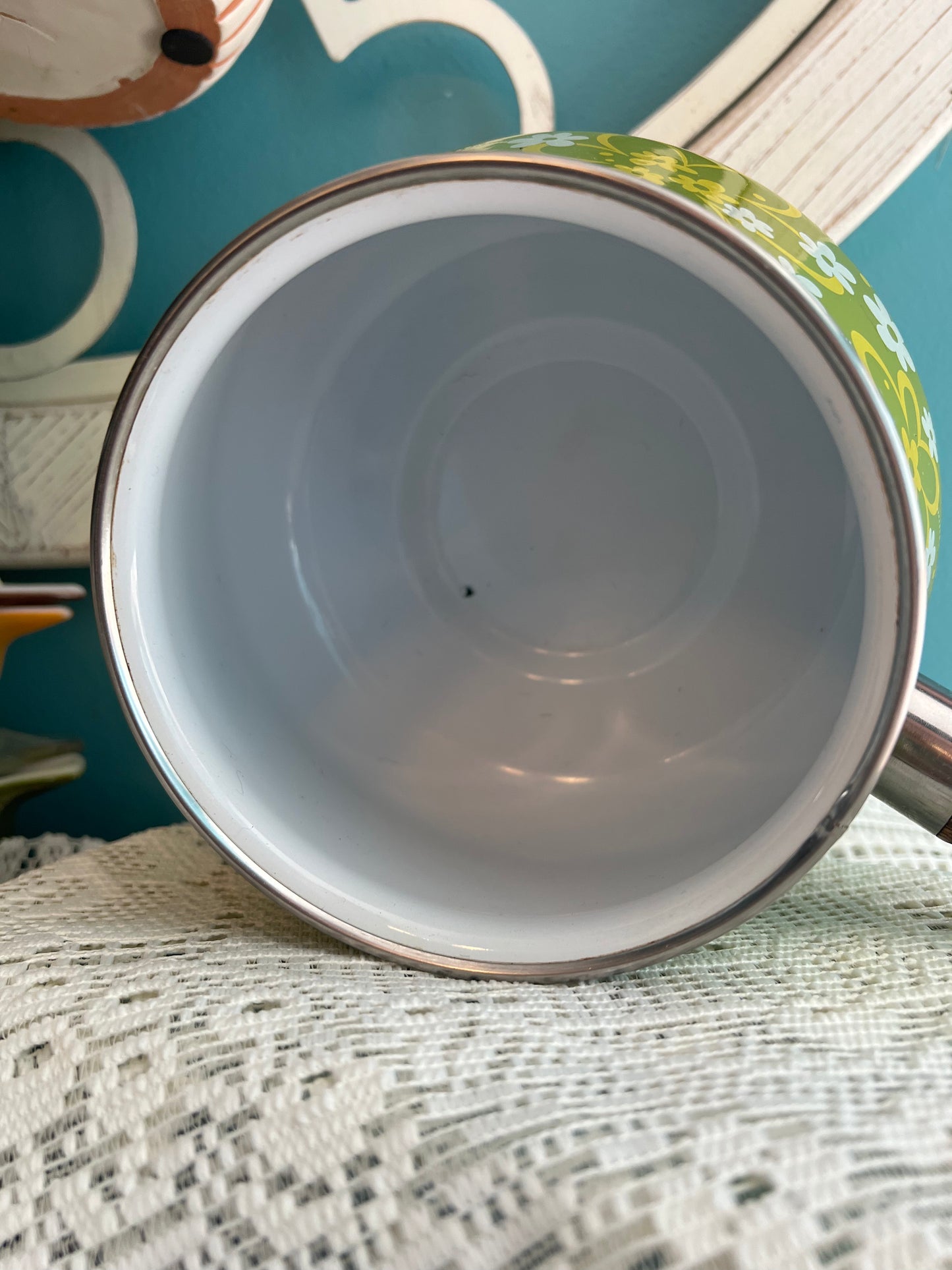 Mid-century enamel fondue pot for cooking or display