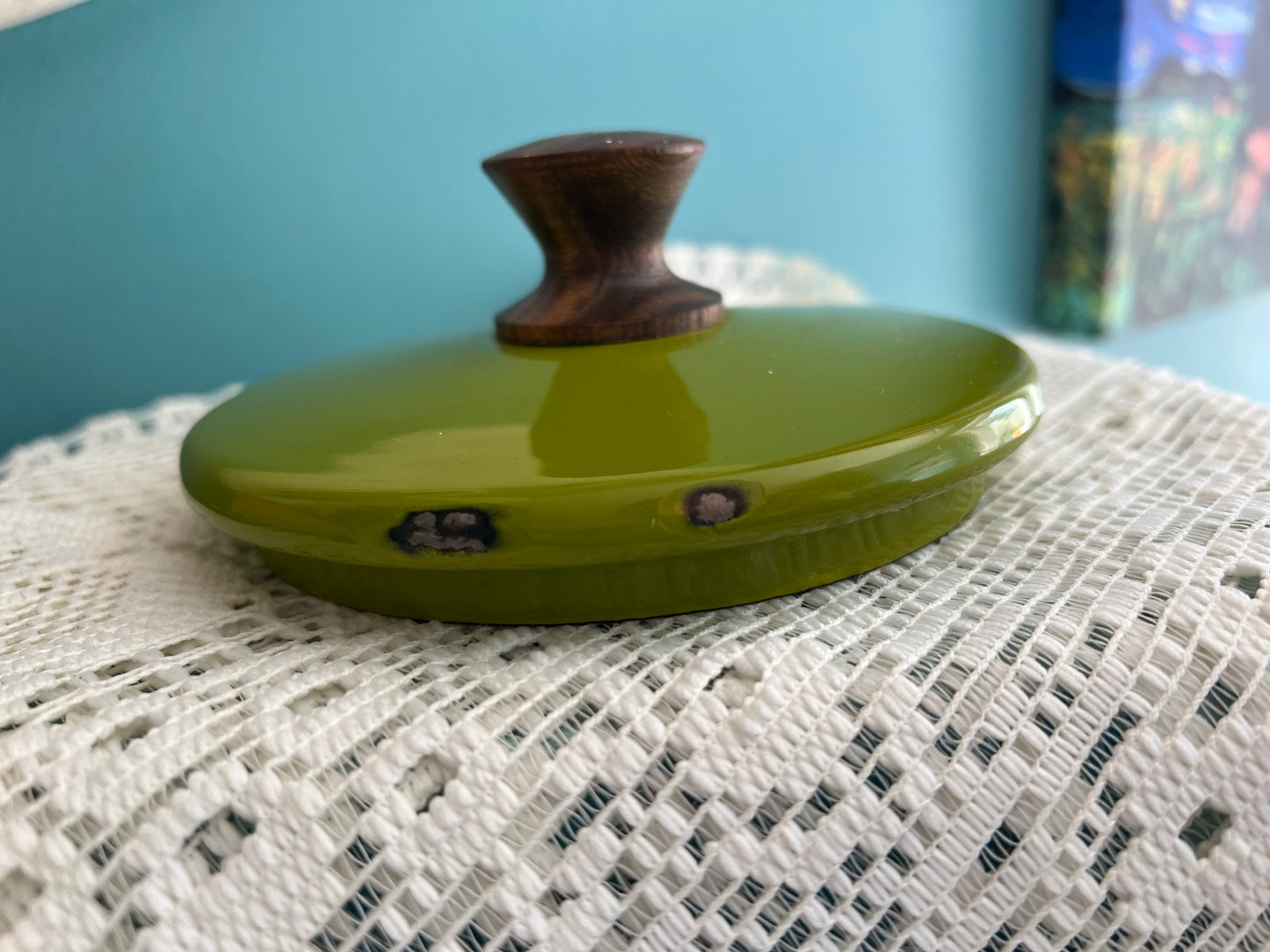 Collectible enamel cookware with wood knob and handle