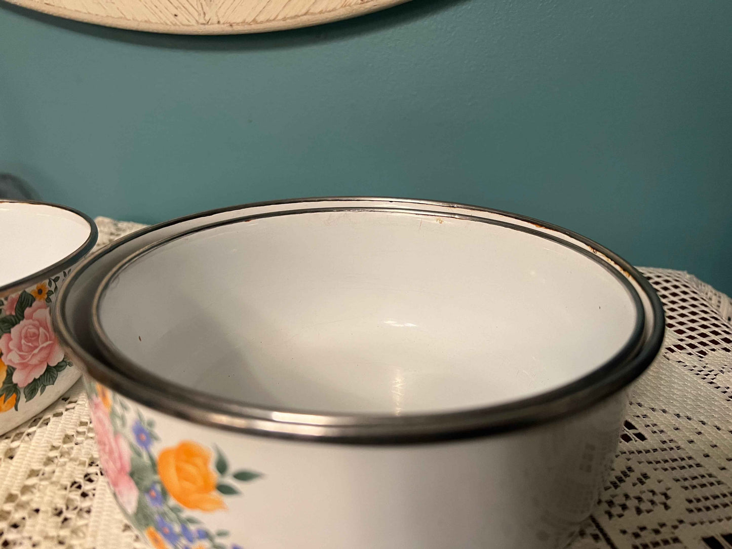 Vintage Imperial Garden Enamel Nesting Bowls | Cottagecore Farmhouse Kitchenware