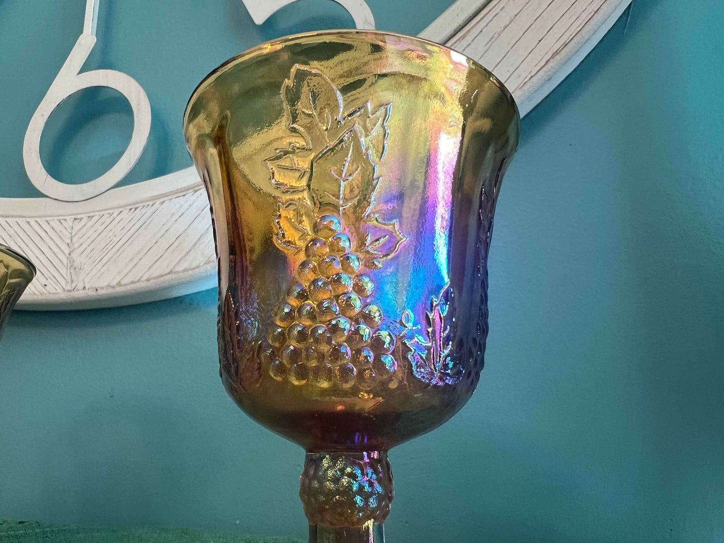 Indiana Carnival Glass Harvest Grape Goblet β Marigold Finish | Vintage Glassware