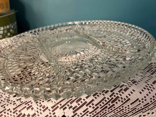Vintage Indiana Glass Diamond Point 3-Part Relish Tray – 12" Sectioned Glass