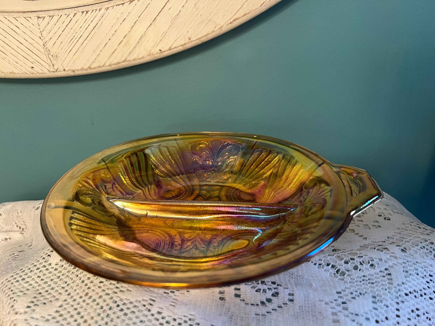Vintage Indiana Glass Killarney Marigold Carnival Glass Divided Relish Dish